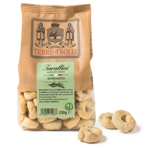 Tarallini traditionnel des Pouilles avec huile extra vierge d’olives au romarin